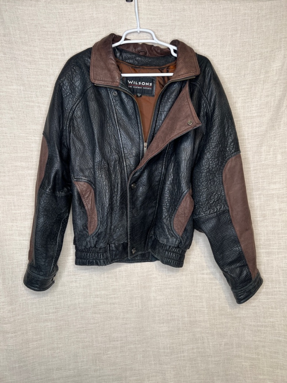 Wilsons Black Leather Bomber Jacket with Brown Suede Panels Vintage Size Medium